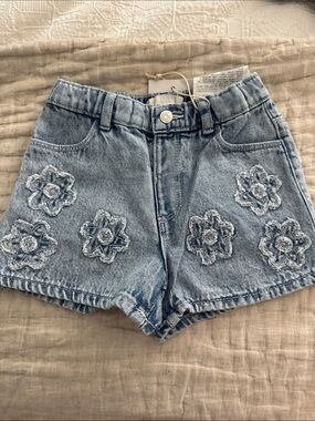 Zara Light Blue Denim Shorts with Embroidered Flowers